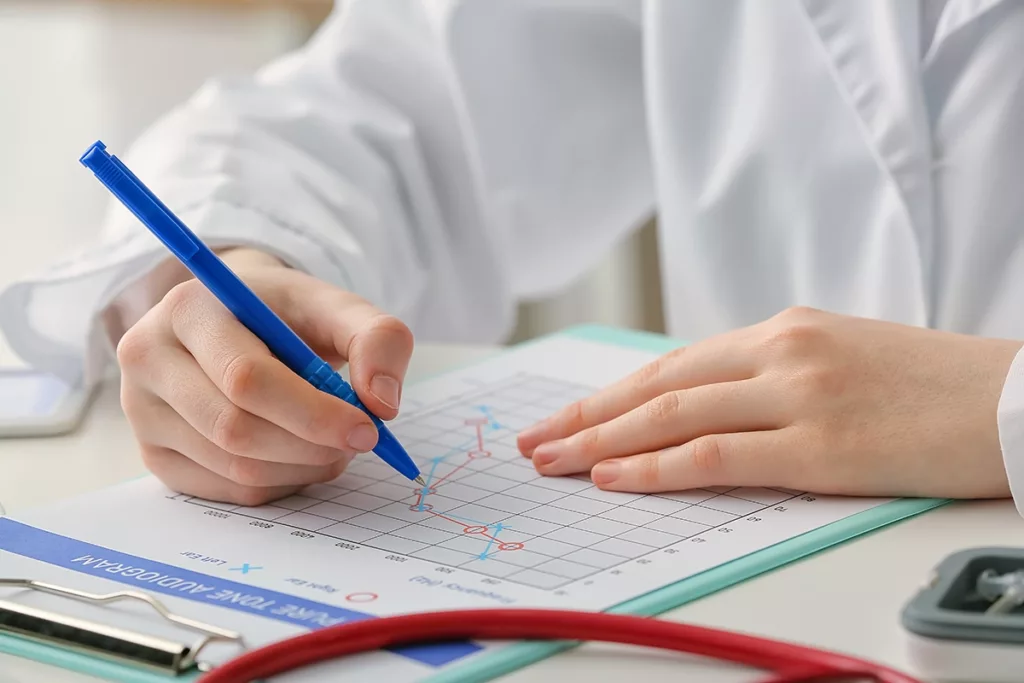 A hearing healthcare specialist reviewing an audiogram explaining what hearing test results mean